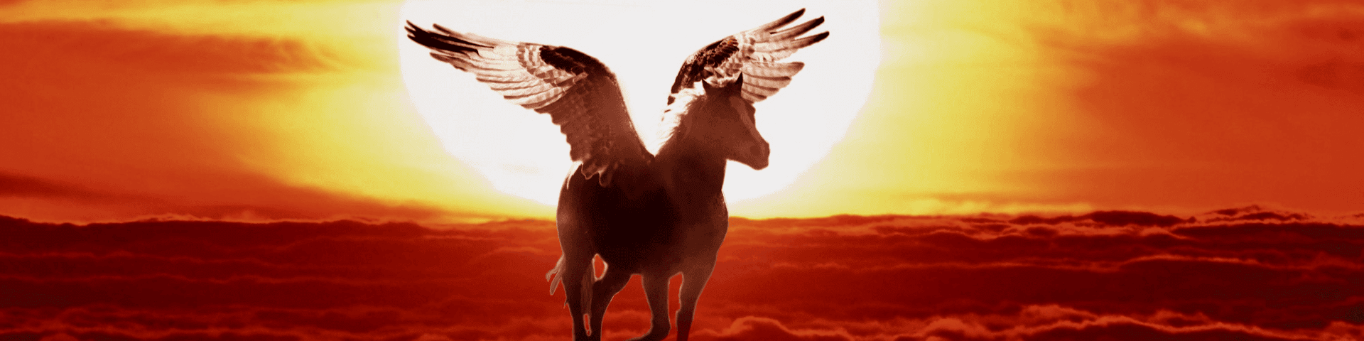 mythical creature "Pegasus" winged horse flying in the sky in sunset background
